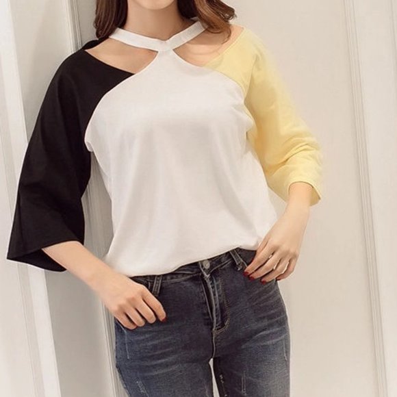 !!SOLD!! Shirt Bundle | Cutout Neckline Blouse + V Short Sleeve - Picture 6 of 9